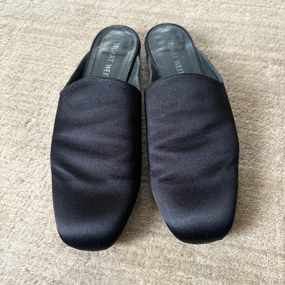 Stuart Weitzman Black Satin Mules